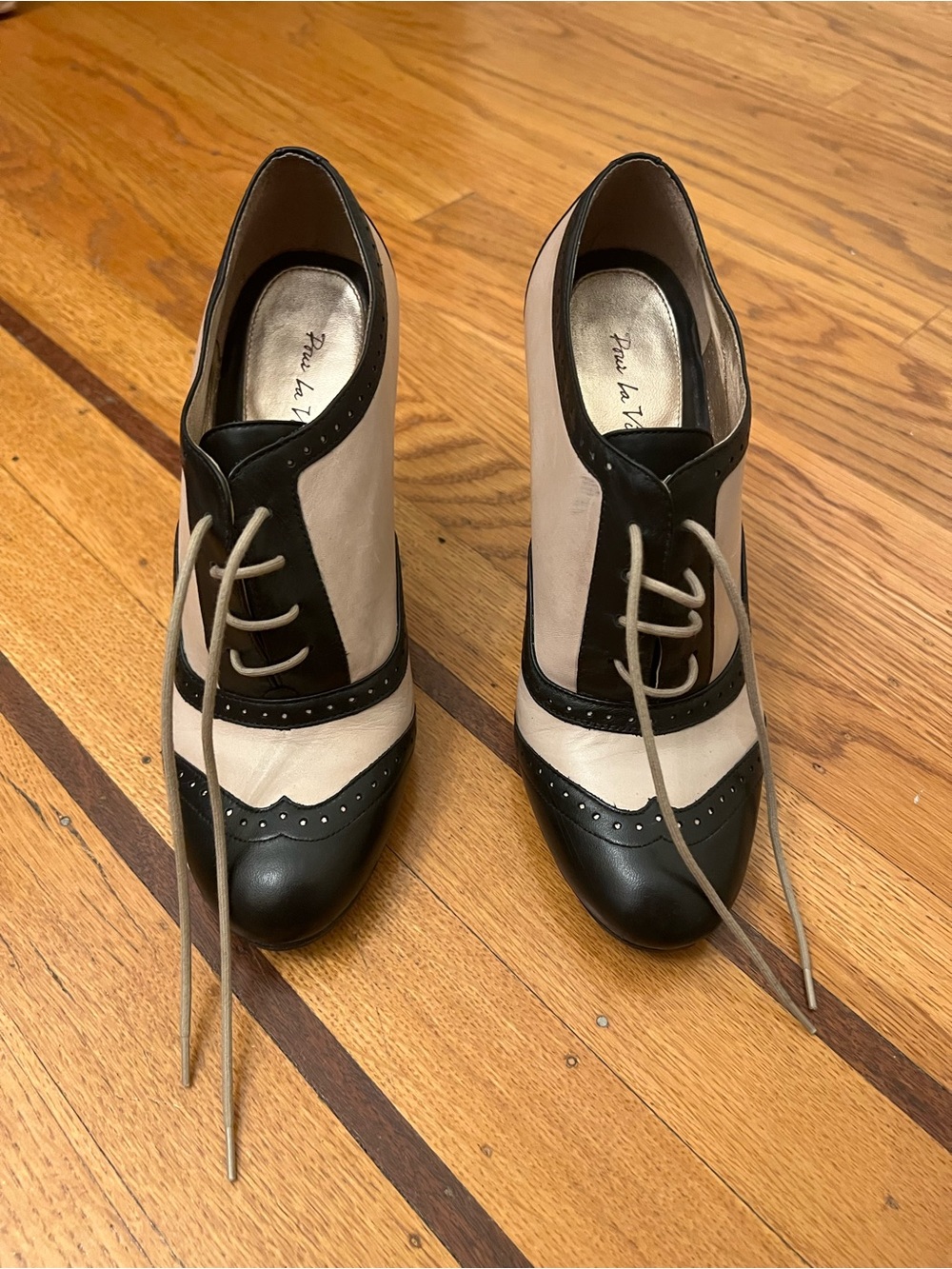 Pour La Victoire “Penelope” Two-Tone Black & Cream Wingtip Lace-up Oxford Heels